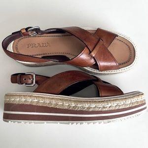 Prada Leather Espadrille Flatform Sandals - Size 8